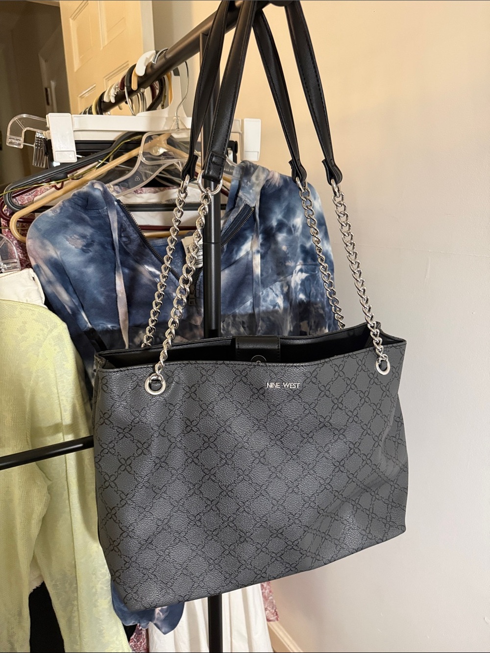 Nine West Black Patterned Tote with Silver Chain Straps